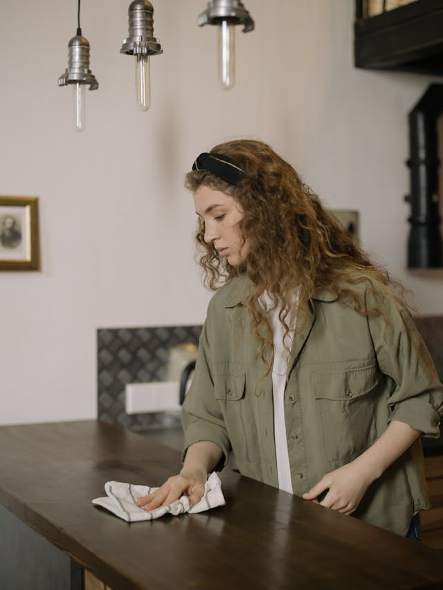 jeune femme cheveux longs bruns et ondulés qui nettoie un plan de travail en bois foncé avec torchon blanc avec des lignes bleues