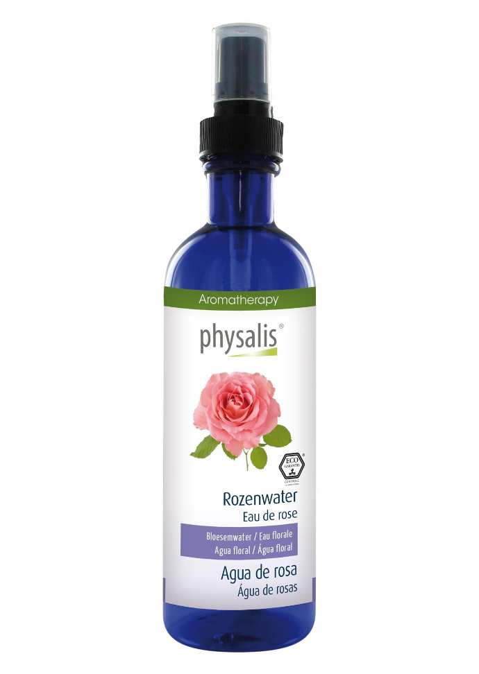 Flacon bleu eau florale de rose avec une rose sur l'étiquette, marque Physalis