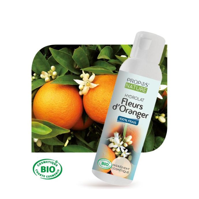 Propos'Nature oranjebloesem hydrolaat met foto van sinaasappels, groene bladeren en witte bloemen