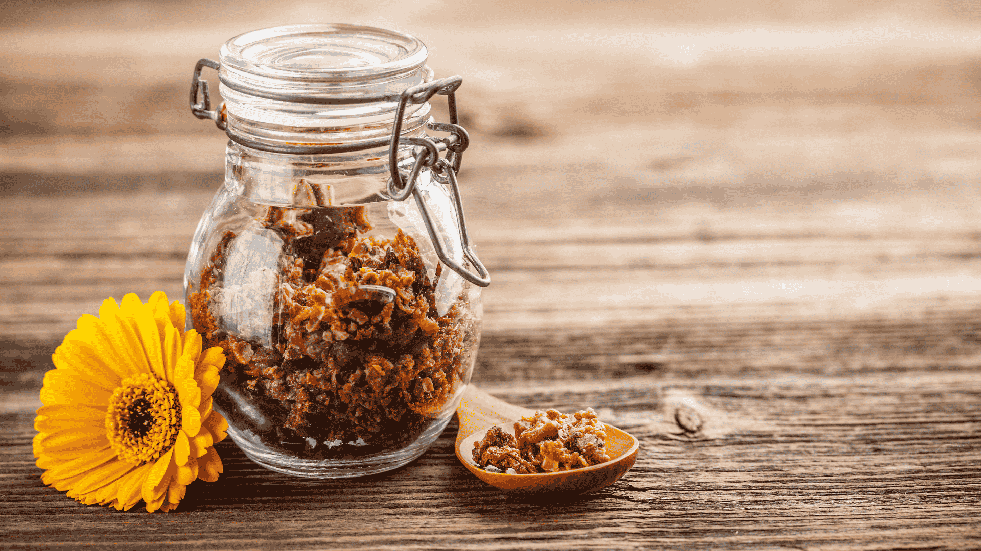 Propolis dans bocal transparent et cuillère en bois, avec à côté une fleur jaune, posés sur table en bois
