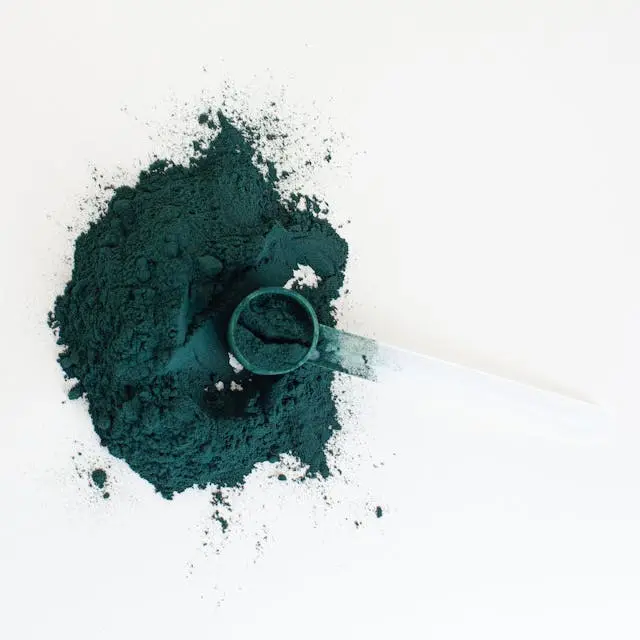 Vue de haut spiruline en poudre avec cuillère doseur en plastique